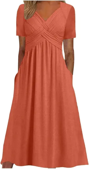 GTETKDE Plus Size Flowy V-Neck Maxi Dress for Women - Casual A-Line Beach Sundress with Pockets, Short Sleeve Summer Dress