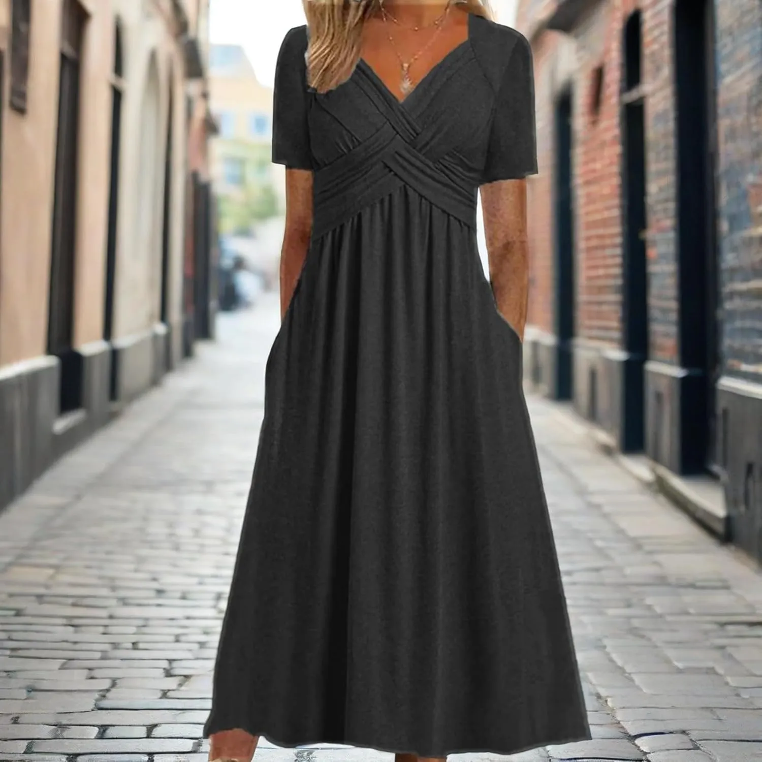 GTETKDE Plus Size Flowy V-Neck Maxi Dress for Women - Casual A-Line Beach Sundress with Pockets, Short Sleeve Summer Dress
