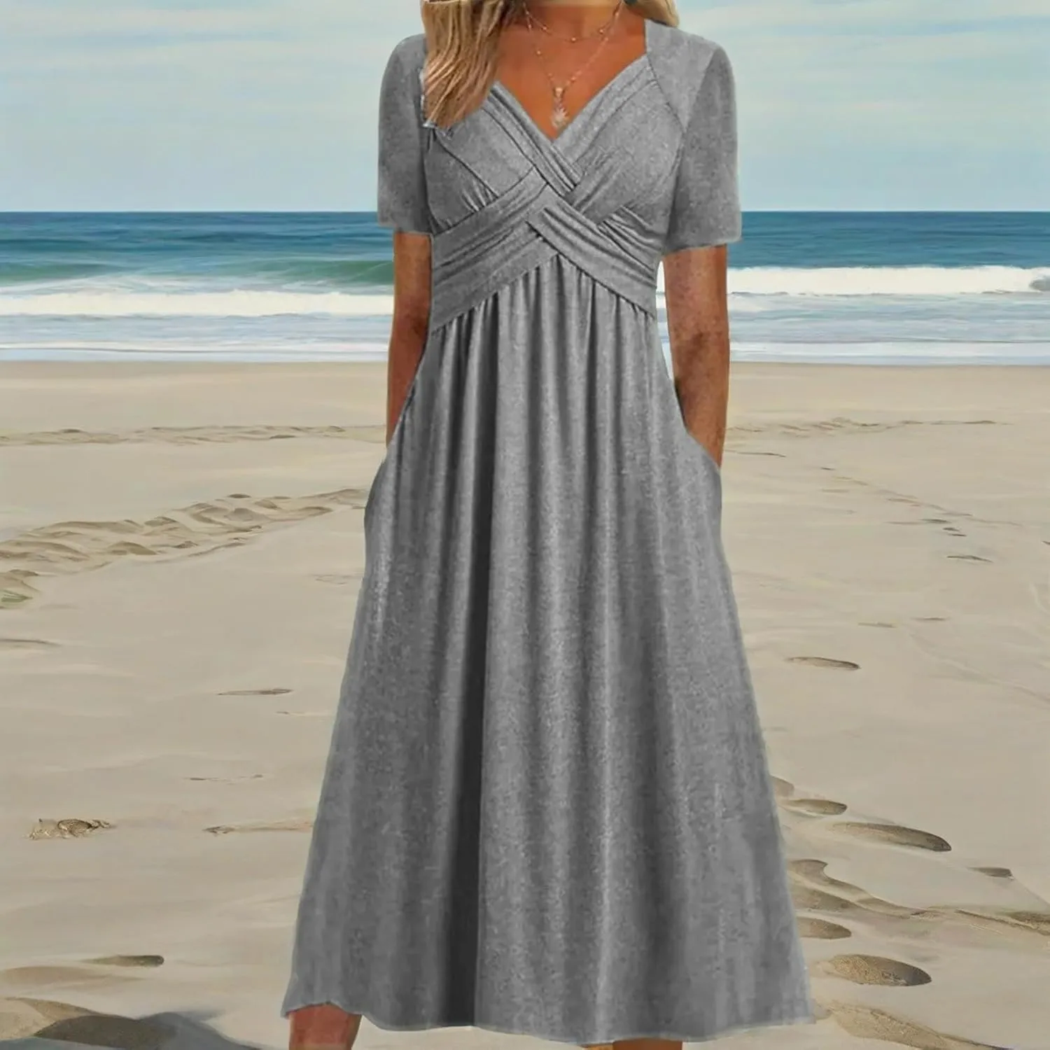 GTETKDE Plus Size Flowy V-Neck Maxi Dress for Women - Casual A-Line Beach Sundress with Pockets, Short Sleeve Summer Dress
