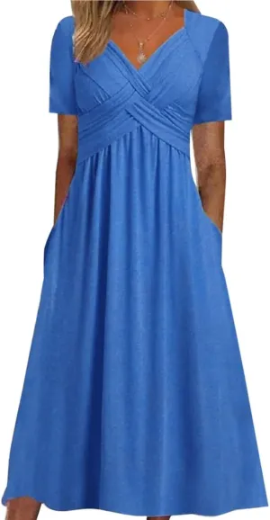 GTETKDE Plus Size Flowy V-Neck Maxi Dress for Women - Casual A-Line Beach Sundress with Pockets, Short Sleeve Summer Dress