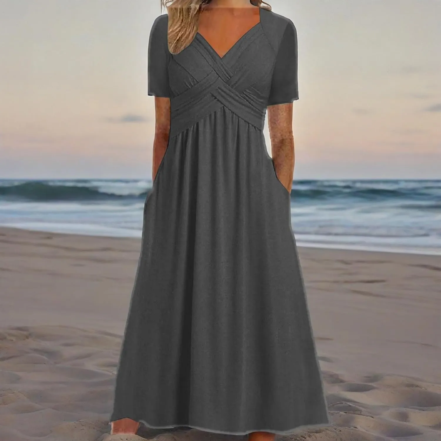 GTETKDE Plus Size Flowy V-Neck Maxi Dress for Women - Casual A-Line Beach Sundress with Pockets, Short Sleeve Summer Dress