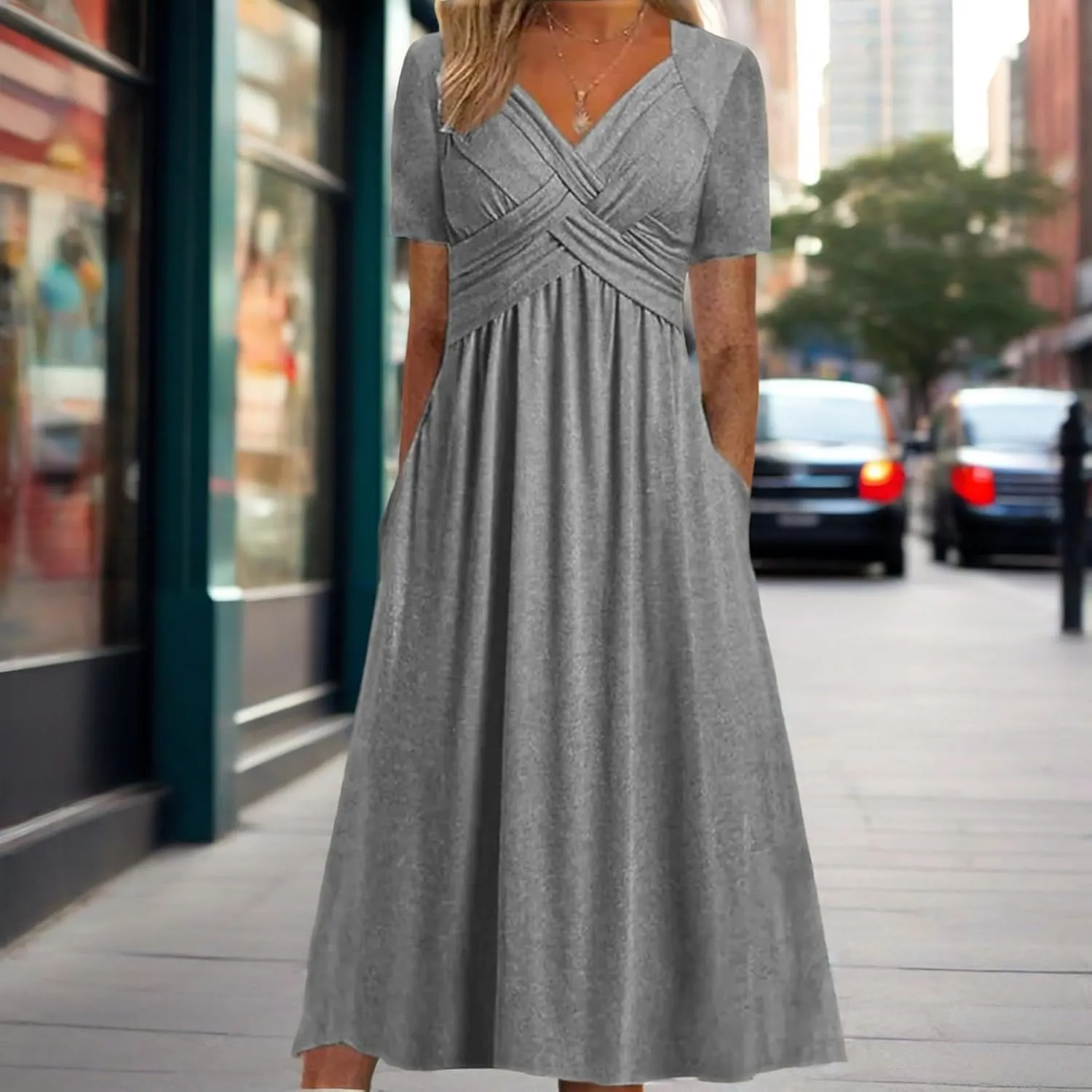 GTETKDE Plus Size Flowy V-Neck Maxi Dress for Women - Casual A-Line Beach Sundress with Pockets, Short Sleeve Summer Dress