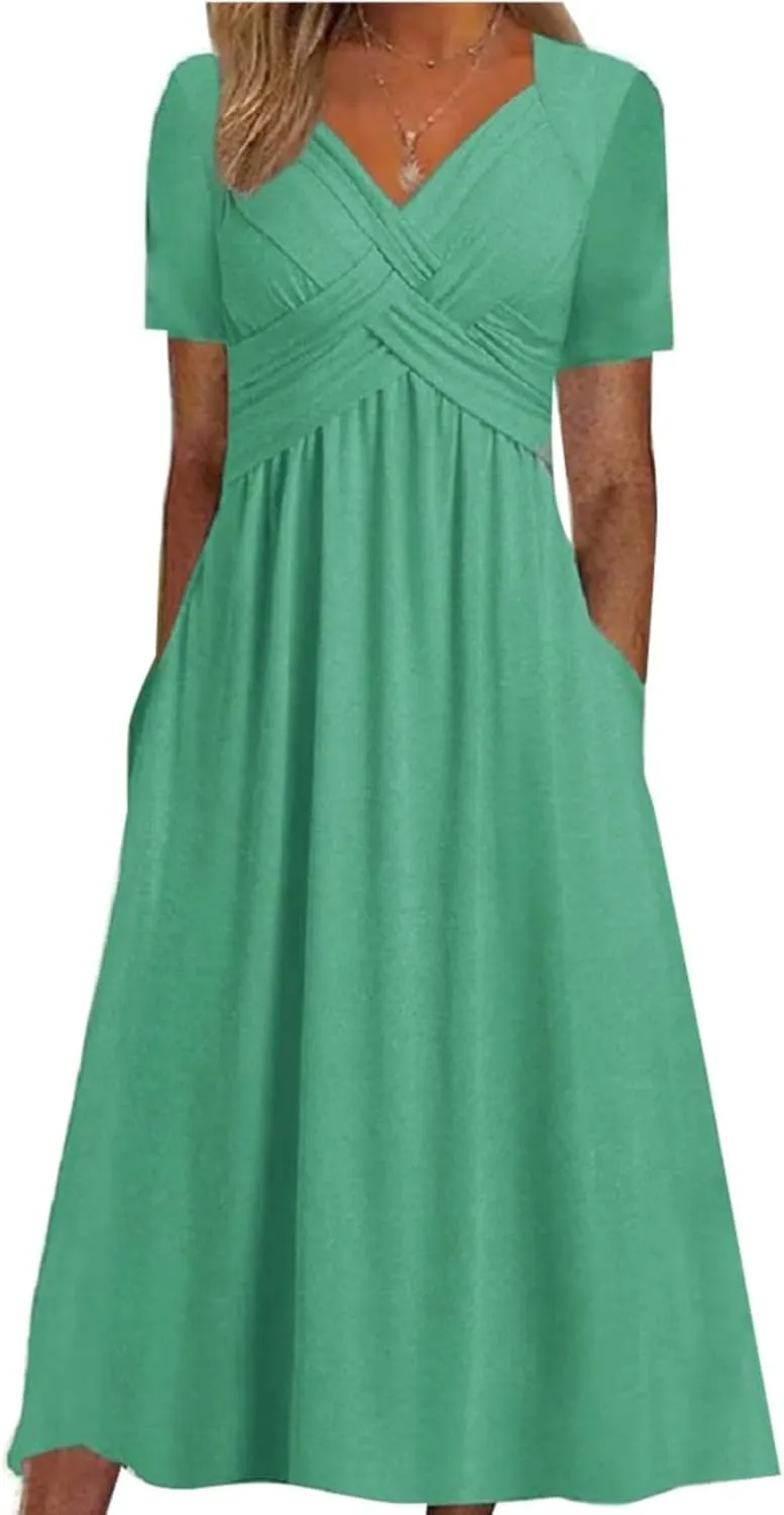 GTETKDE Plus Size Flowy V-Neck Maxi Dress for Women - Casual A-Line Beach Sundress with Pockets, Short Sleeve Summer Dress