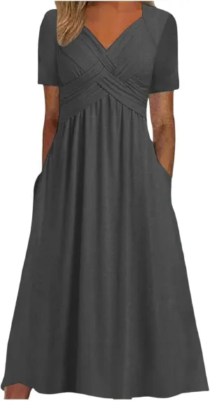 GTETKDE Plus Size Flowy V-Neck Maxi Dress for Women - Casual A-Line Beach Sundress with Pockets, Short Sleeve Summer Dress