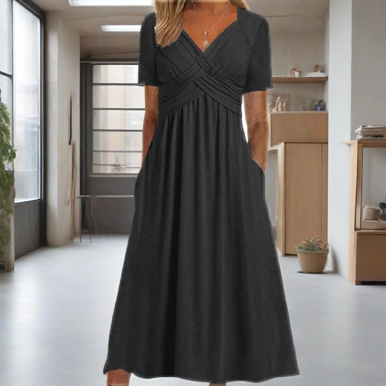 GTETKDE Plus Size Flowy V-Neck Maxi Dress for Women - Casual A-Line Beach Sundress with Pockets, Short Sleeve Summer Dress