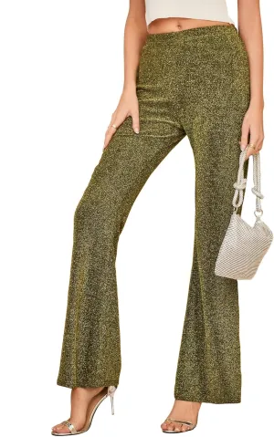 GUOLEZEEV Bell Bottom Pants for Women Elastic Waist Sequin Pants Sparkly Bottoms
