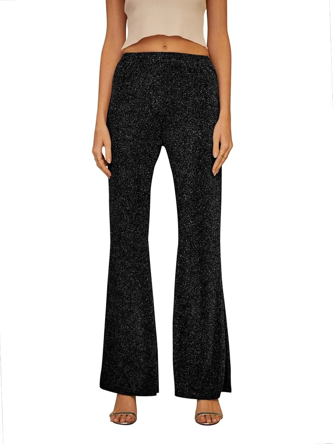 GUOLEZEEV Bell Bottom Pants for Women Elastic Waist Sequin Pants Sparkly Bottoms