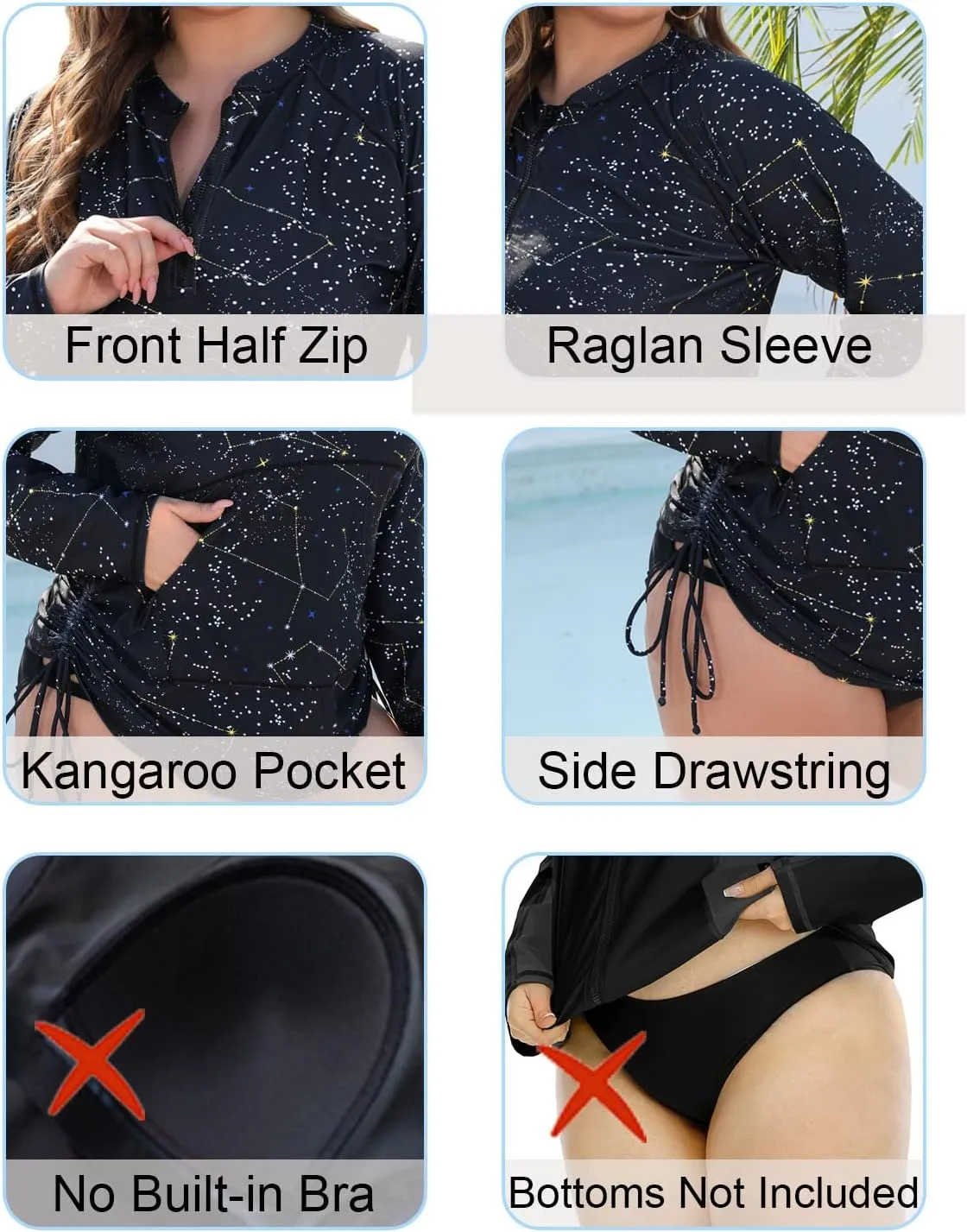 Halcurt Plus Size Rash Guard for Women UPF 50  Zip Drawstring Ruched Pocket Top