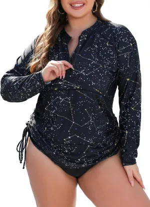 Halcurt Plus Size Rash Guard for Women UPF 50  Zip Drawstring Ruched Pocket Top