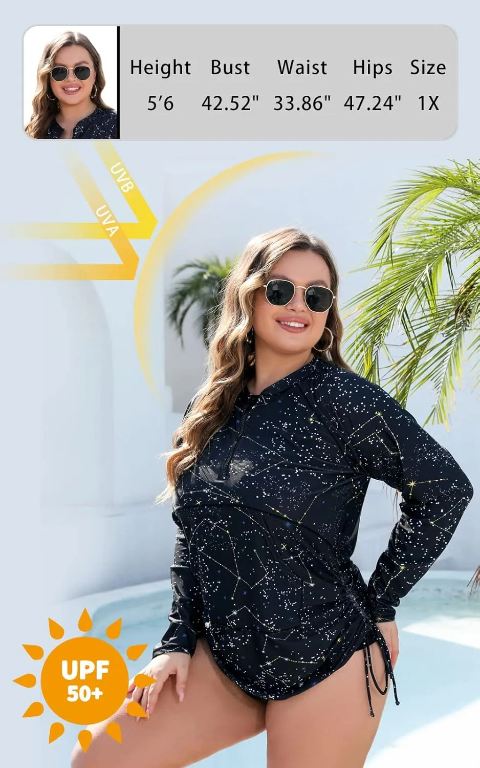 Halcurt Plus Size Rash Guard for Women UPF 50  Zip Drawstring Ruched Pocket Top