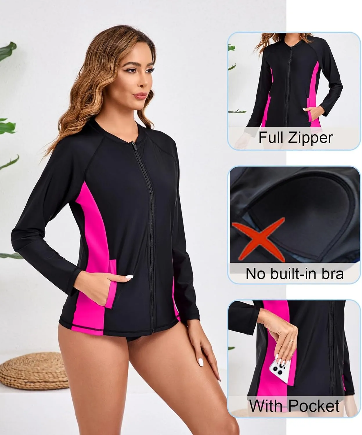Halcurt Women's Full Zip Long Sleeve Rash Guard Swim Top with Pockets UPF50  Quick Dry Swimsuit