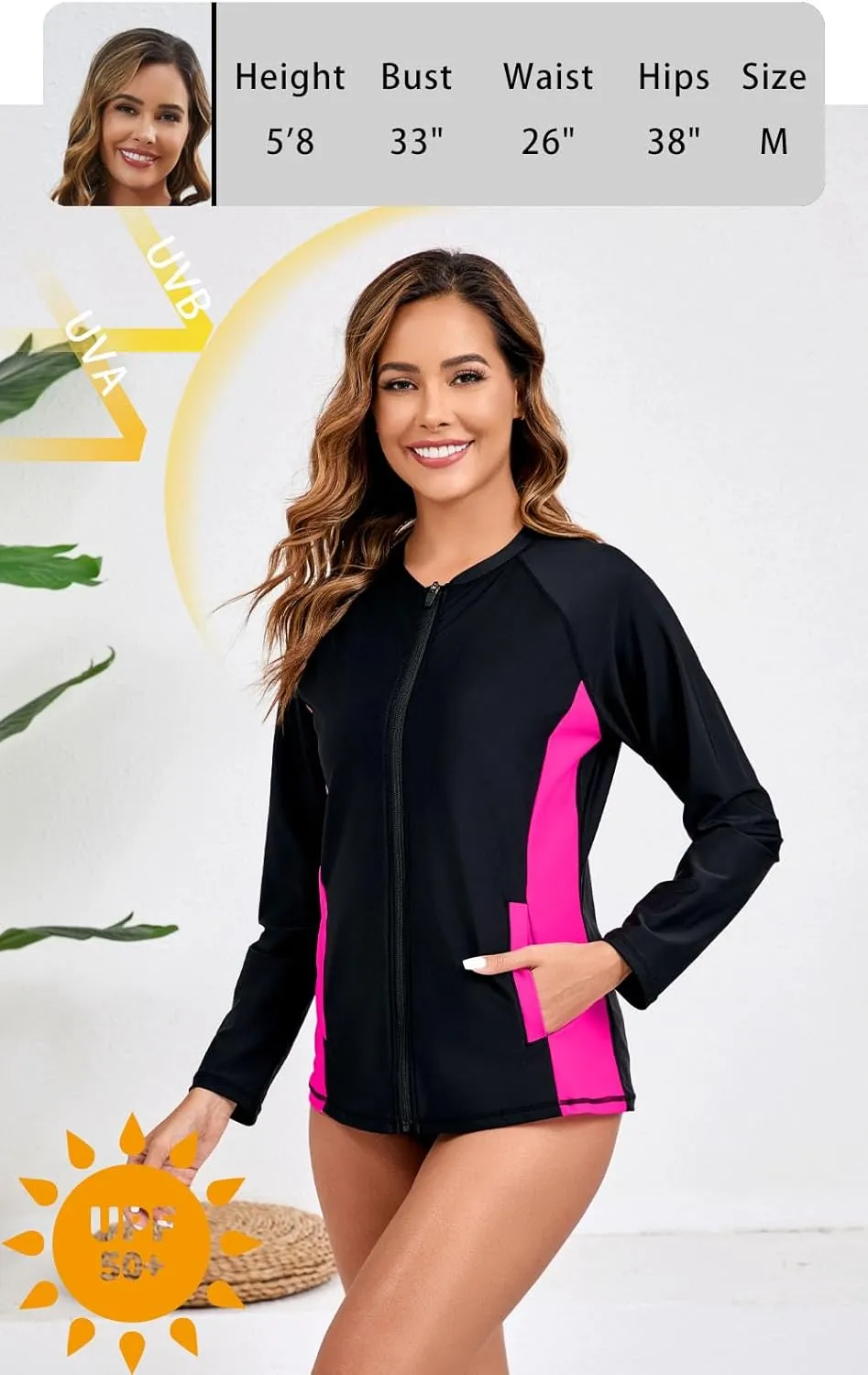 Halcurt Women's Full Zip Long Sleeve Rash Guard Swim Top with Pockets UPF50  Quick Dry Swimsuit