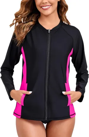 Halcurt Women's Full Zip Long Sleeve Rash Guard Swim Top with Pockets UPF50  Quick Dry Swimsuit