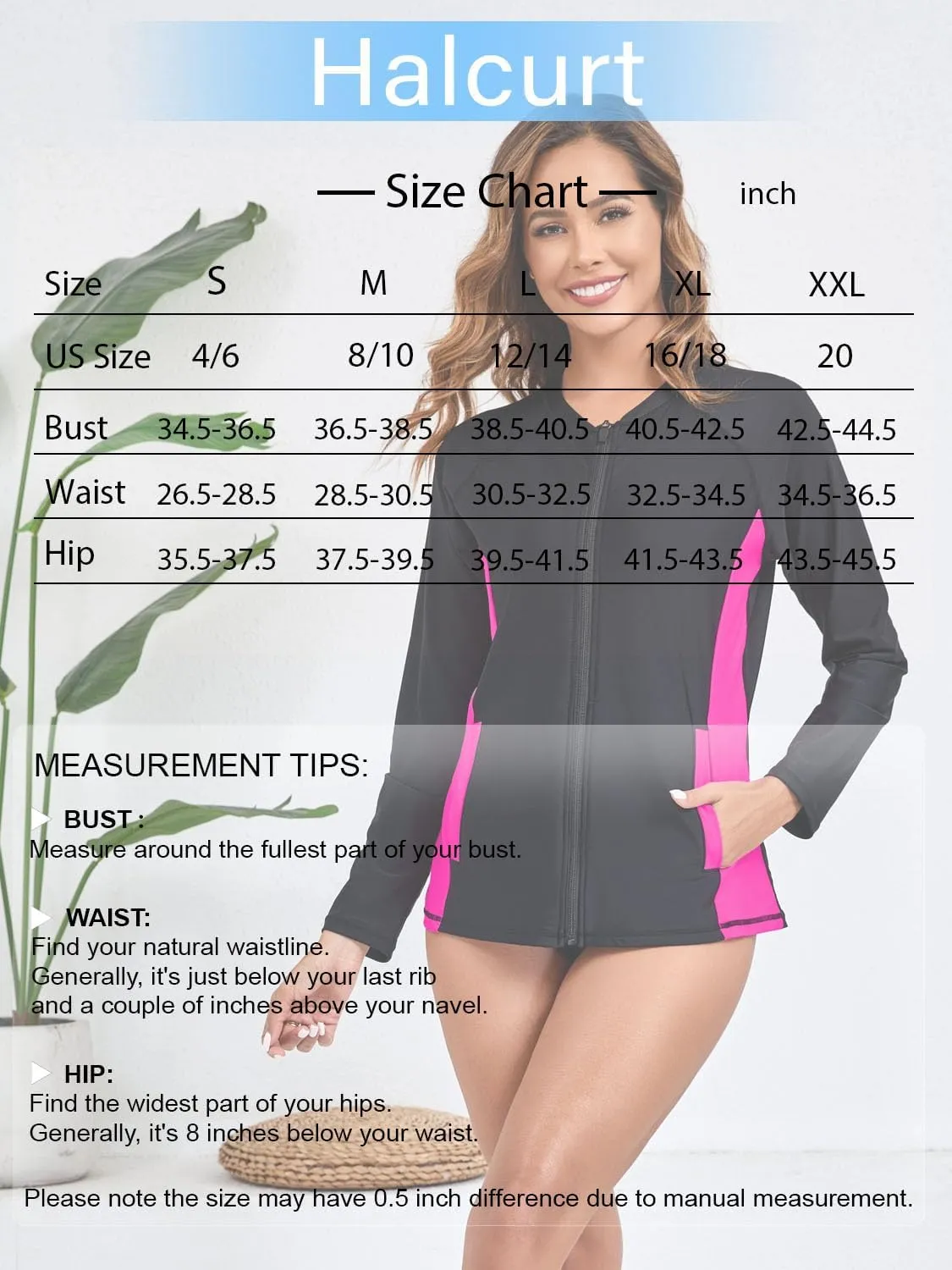 Halcurt Women's Full Zip Long Sleeve Rash Guard Swim Top with Pockets UPF50  Quick Dry Swimsuit