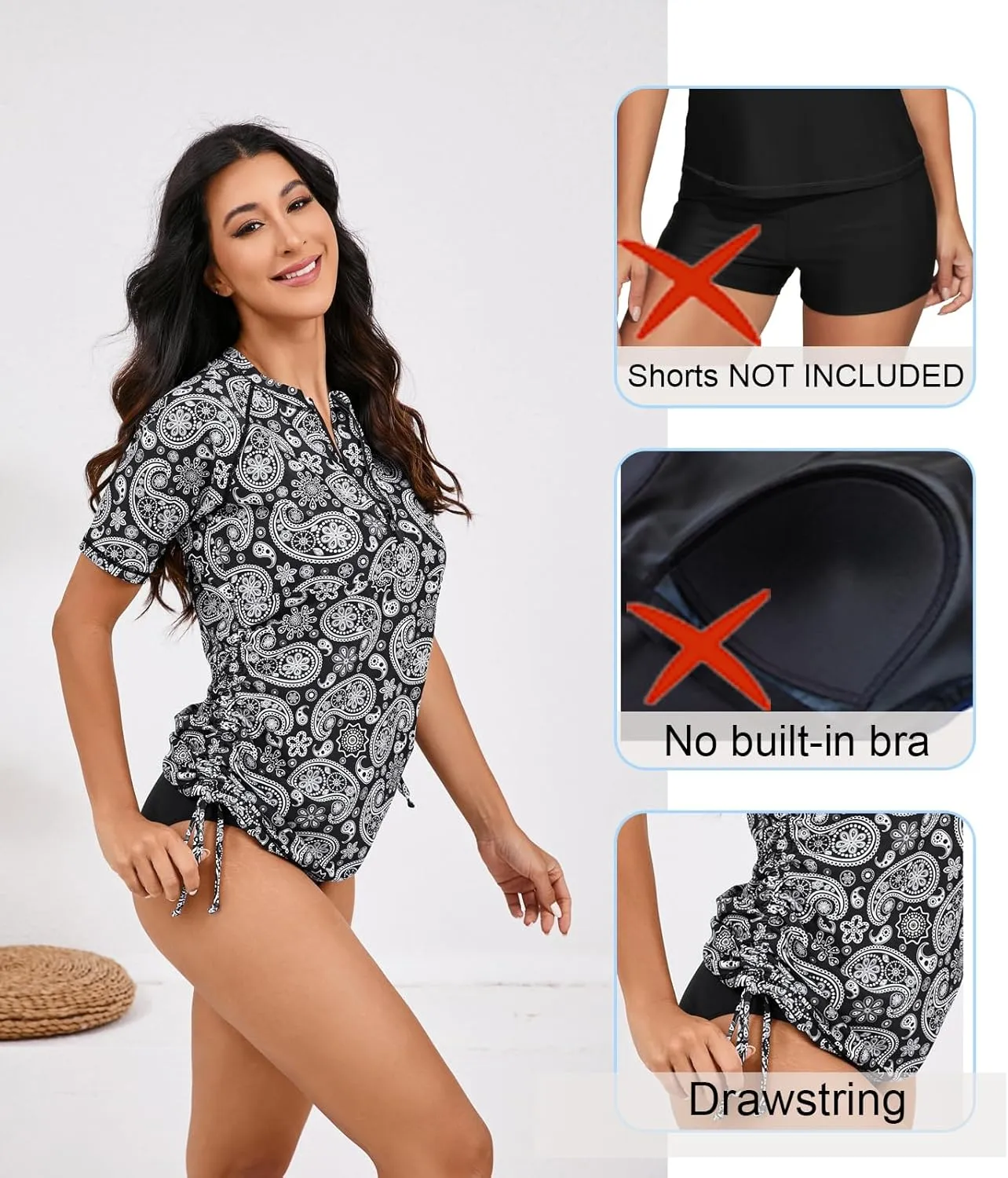 Halcurt Women's Half Zip Short Sleeve Rash Guard Swimsuit Top Ruched Swim Shirt UPF50  Quick Dry Bathing Suit