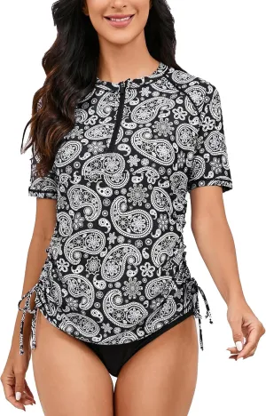 Halcurt Women's Half Zip Short Sleeve Rash Guard Swimsuit Top Ruched Swim Shirt UPF50  Quick Dry Bathing Suit