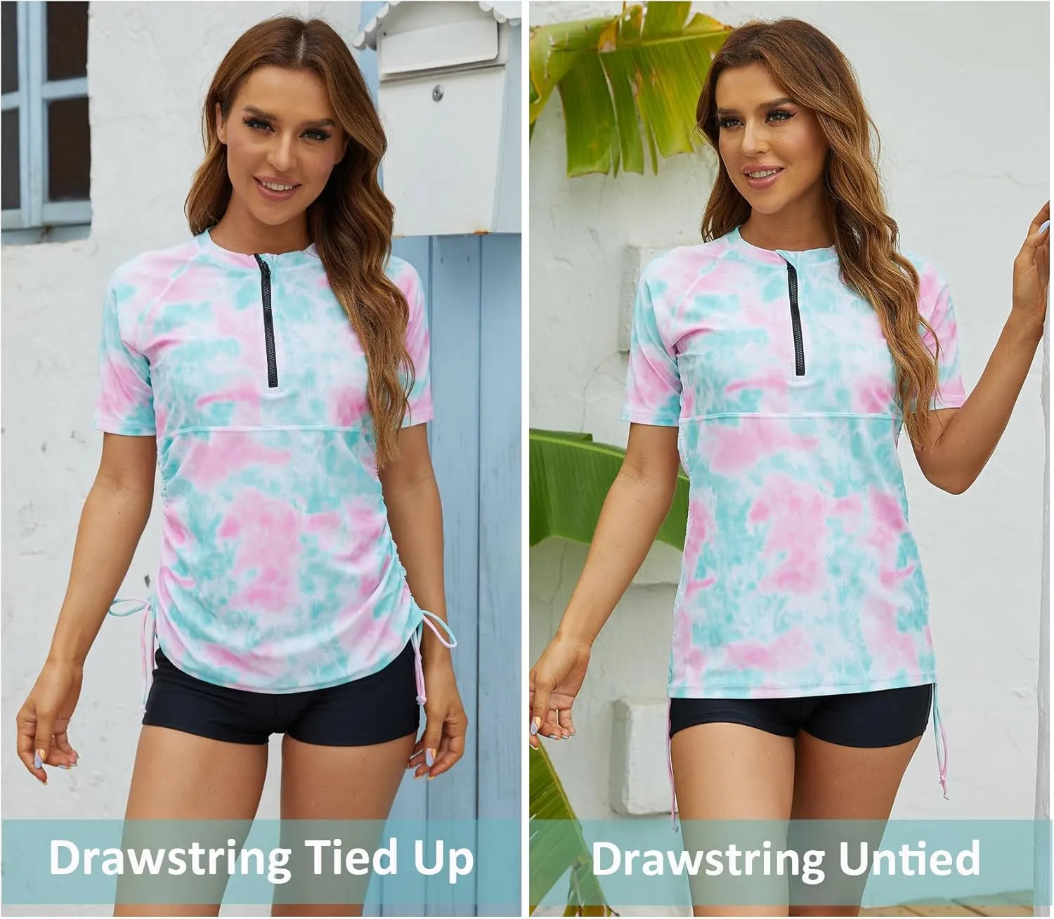 Halcurt Women's Half Zip Short Sleeve Rash Guard Swimsuit Top Ruched Swim Shirt UPF50  Quick Dry Bathing Suit