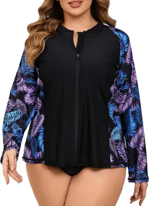 Halcurt Women's Plus Size Long Sleeve Rash Guard Shirts Full Zip Swim Top UPF50  Loose Fit Quick Dry Swimsuit