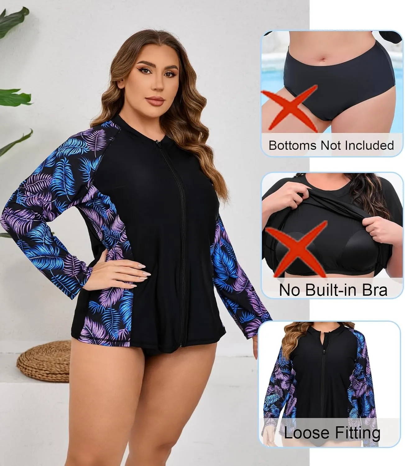 Halcurt Women's Plus Size Long Sleeve Rash Guard Shirts Full Zip Swim Top UPF50  Loose Fit Quick Dry Swimsuit