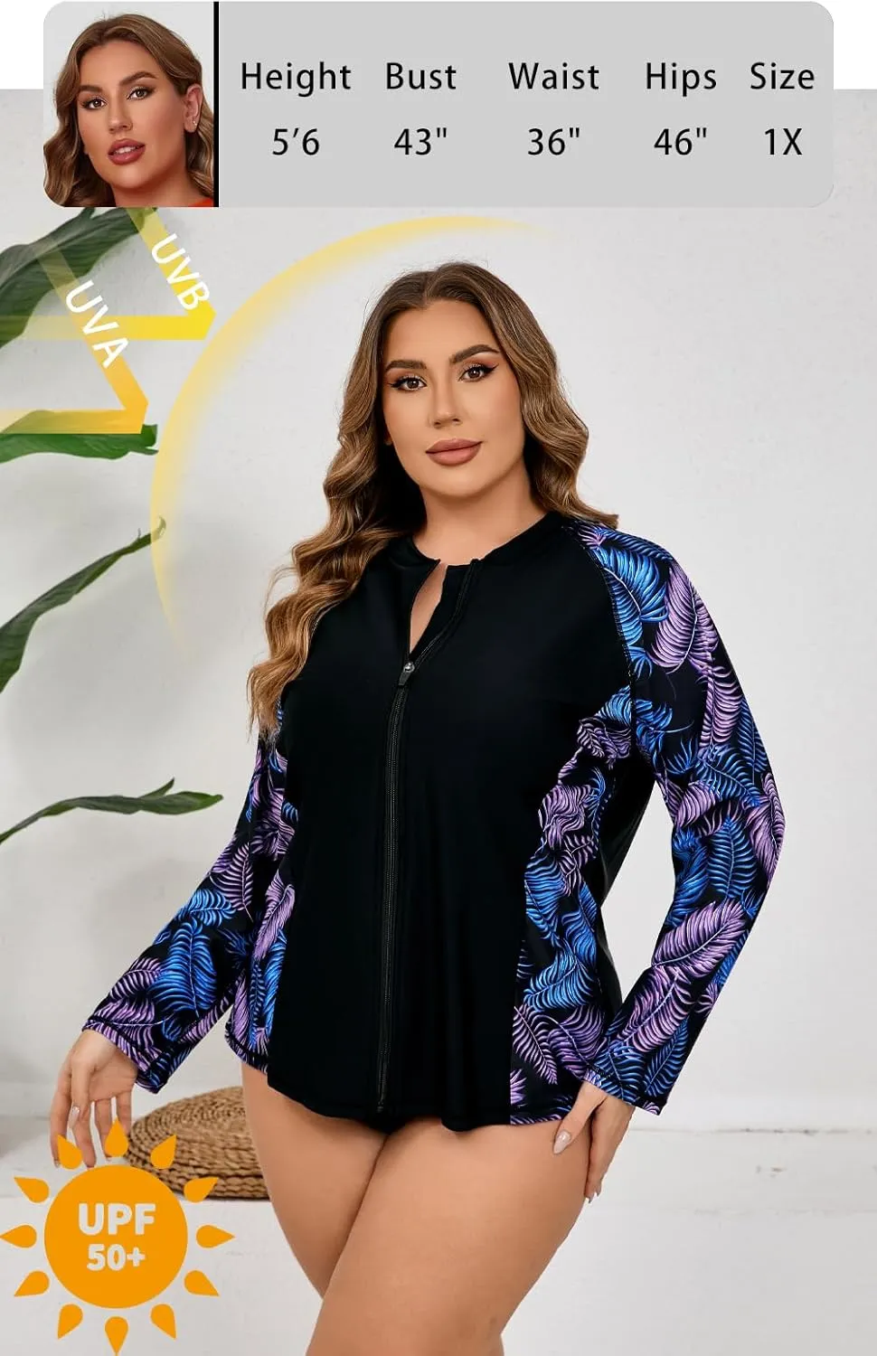 Halcurt Women's Plus Size Long Sleeve Rash Guard Shirts Full Zip Swim Top UPF50  Loose Fit Quick Dry Swimsuit