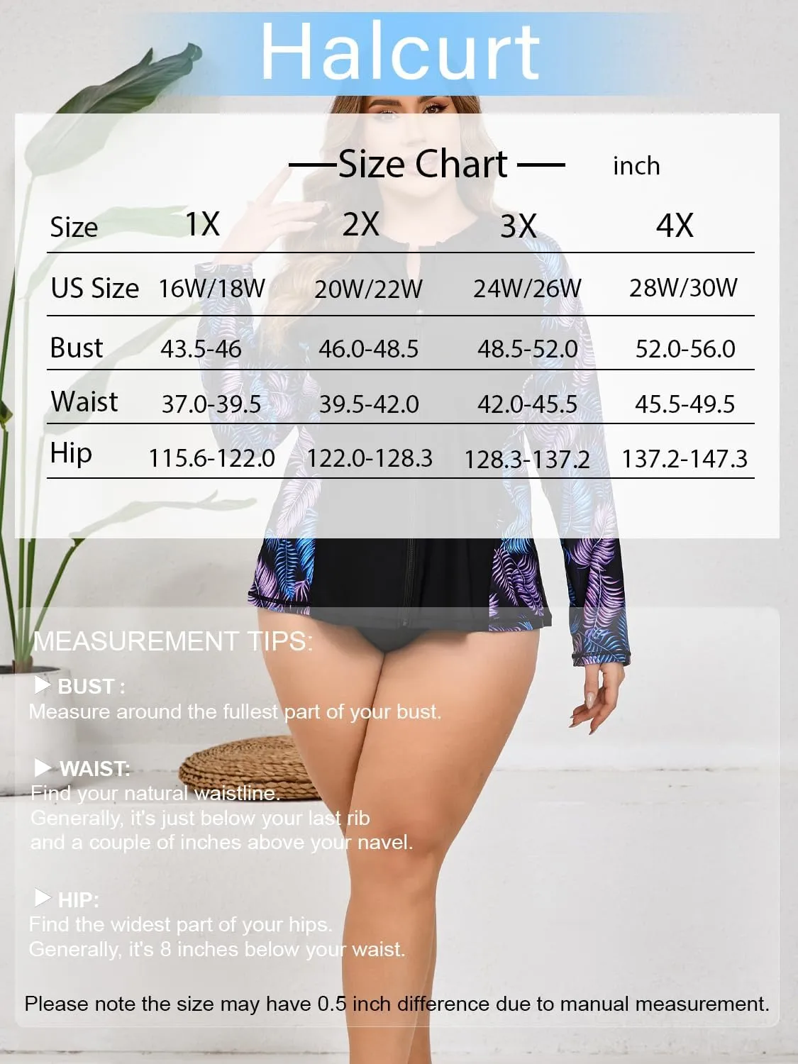 Halcurt Women's Plus Size Long Sleeve Rash Guard Shirts Full Zip Swim Top UPF50  Loose Fit Quick Dry Swimsuit