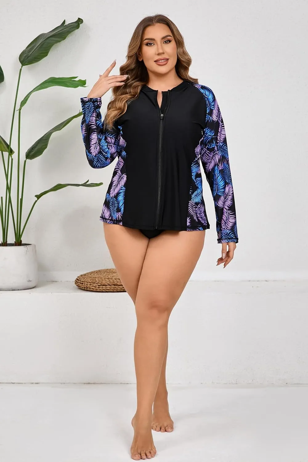 Halcurt Women's Plus Size Long Sleeve Rash Guard Shirts Full Zip Swim Top UPF50  Loose Fit Quick Dry Swimsuit