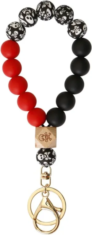 Halloween Silicone Bracelet Keychain Wristlet Beaded Punk Skull Bangle Keyring with Beech Beads for Women Girls