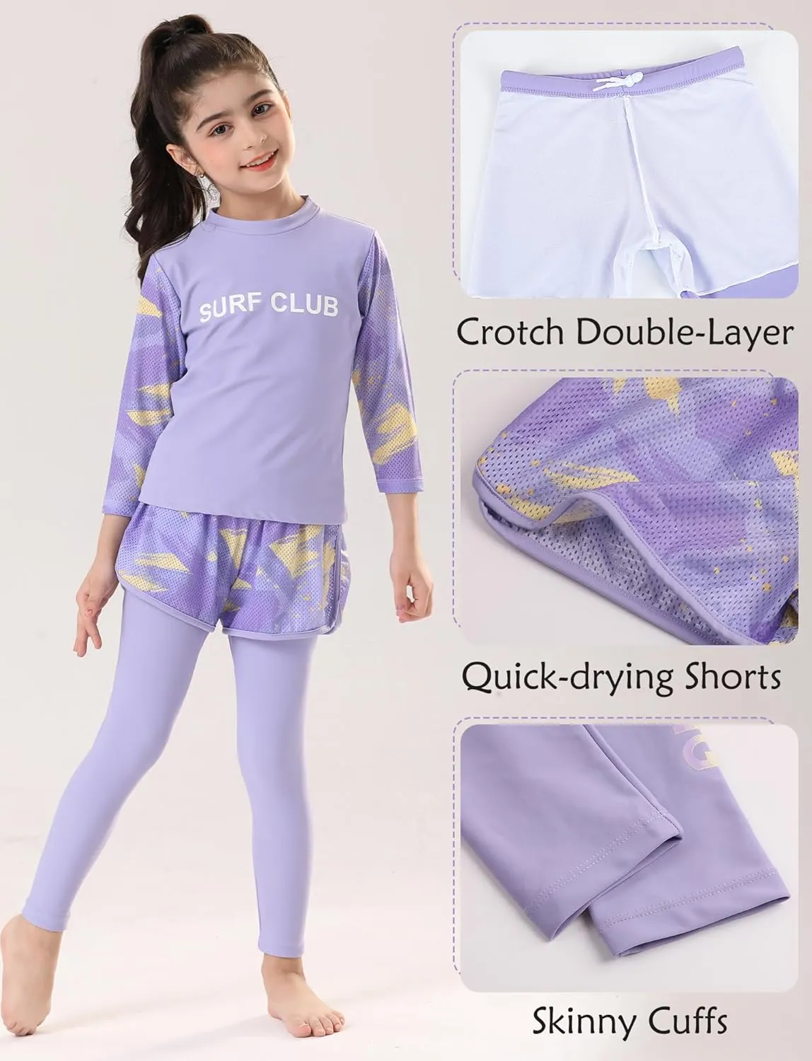 Happy Cherry Girls Rash Guard Swimsuit 3 Piece Long Sleeve Swim Shirt with Shorts Long Pants Bathing Suit Swimwear