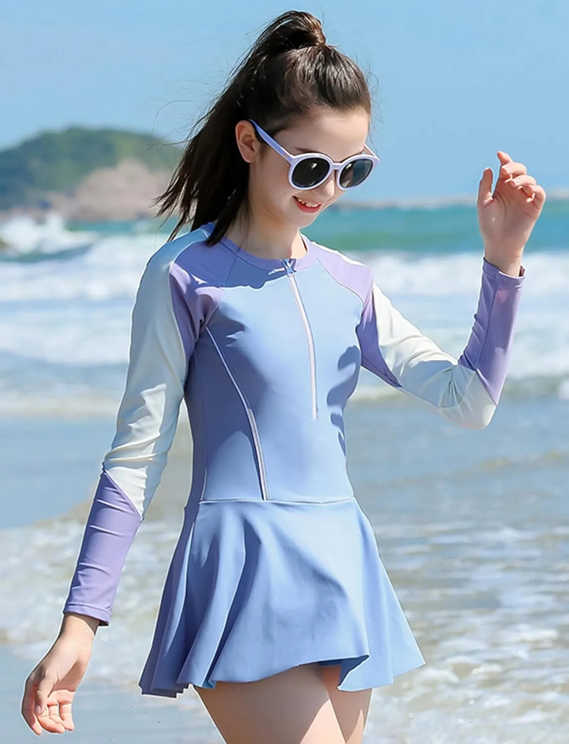 Happy Cherry Kids Girls Rash Guard Two/One Piece Bathing Suit UPF 50  Swimsuit with Ruffle Skirt/Shorts