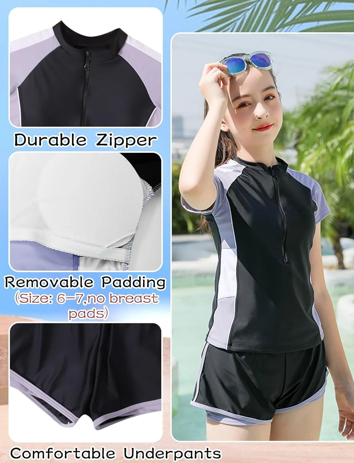 Happy Cherry Kids Girls Rash Guard Two/One Piece Bathing Suit UPF 50  Swimsuit with Ruffle Skirt/Shorts