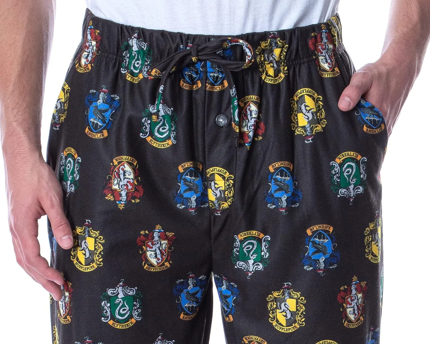 Harry Potter Adult Men's Hogwarts 4 House Crests Repeat Print Loungewear Pajama Pants