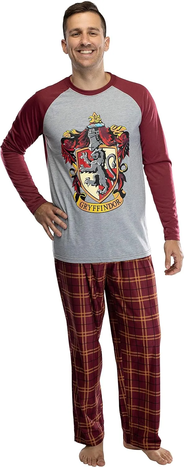Harry Potter Adult Men's Raglan Shirt And Plaid Pants Pajama Set -Gryffindor, Ravenclaw, Slytherin, Hufflepuff