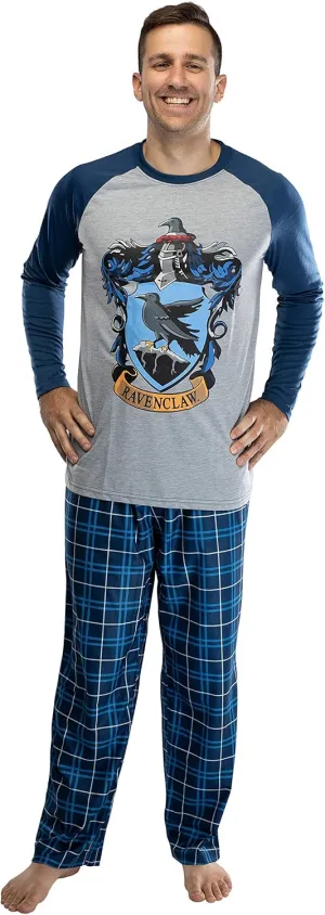 Harry Potter Adult Men's Raglan Shirt And Plaid Pants Pajama Set -Gryffindor, Ravenclaw, Slytherin, Hufflepuff