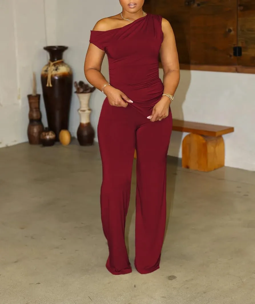 HBQ Women's Summer 2 Piece Outfits Casual Tracksuit One Shoulder Asymmetrical Short Sleeve Wide Leg Long Pant Lounge Sets