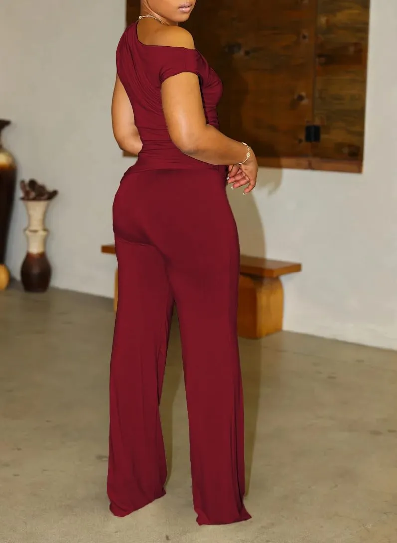 HBQ Women's Summer 2 Piece Outfits Casual Tracksuit One Shoulder Asymmetrical Short Sleeve Wide Leg Long Pant Lounge Sets