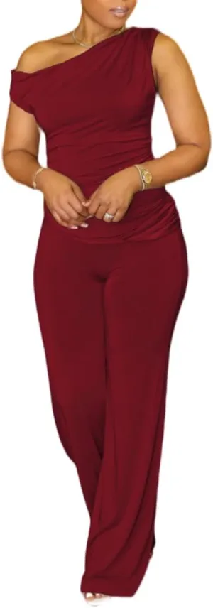 HBQ Women's Summer 2 Piece Outfits Casual Tracksuit One Shoulder Asymmetrical Short Sleeve Wide Leg Long Pant Lounge Sets