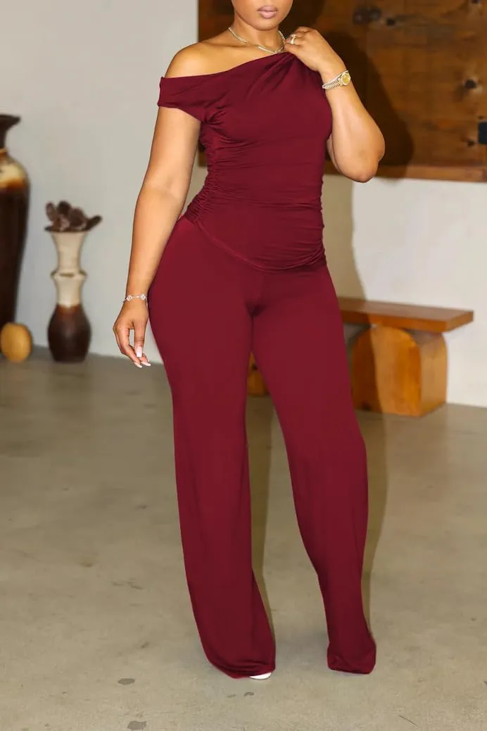 HBQ Women's Summer 2 Piece Outfits Casual Tracksuit One Shoulder Asymmetrical Short Sleeve Wide Leg Long Pant Lounge Sets