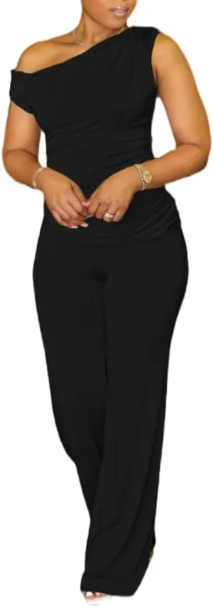 HBQ Women's Summer 2 Piece Outfits Casual Tracksuit One Shoulder Asymmetrical Short Sleeve Wide Leg Long Pant Lounge Sets