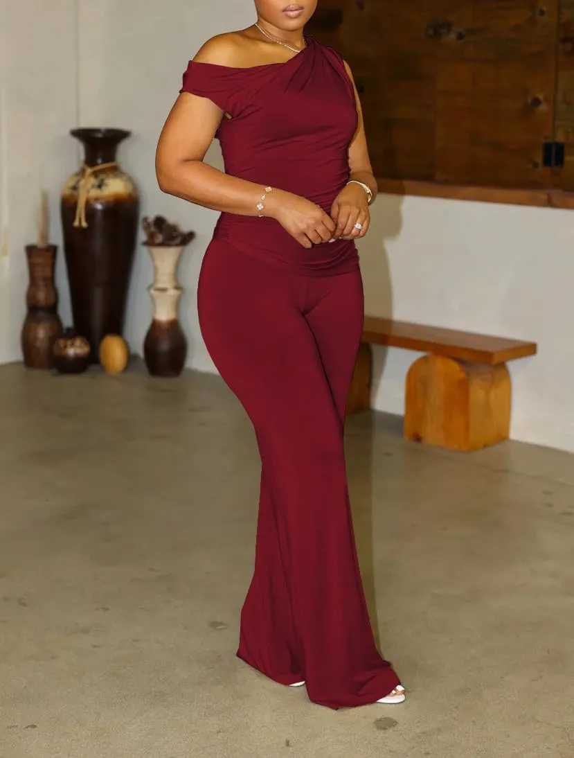 HBQ Women's Summer 2 Piece Outfits Casual Tracksuit One Shoulder Asymmetrical Short Sleeve Wide Leg Long Pant Lounge Sets