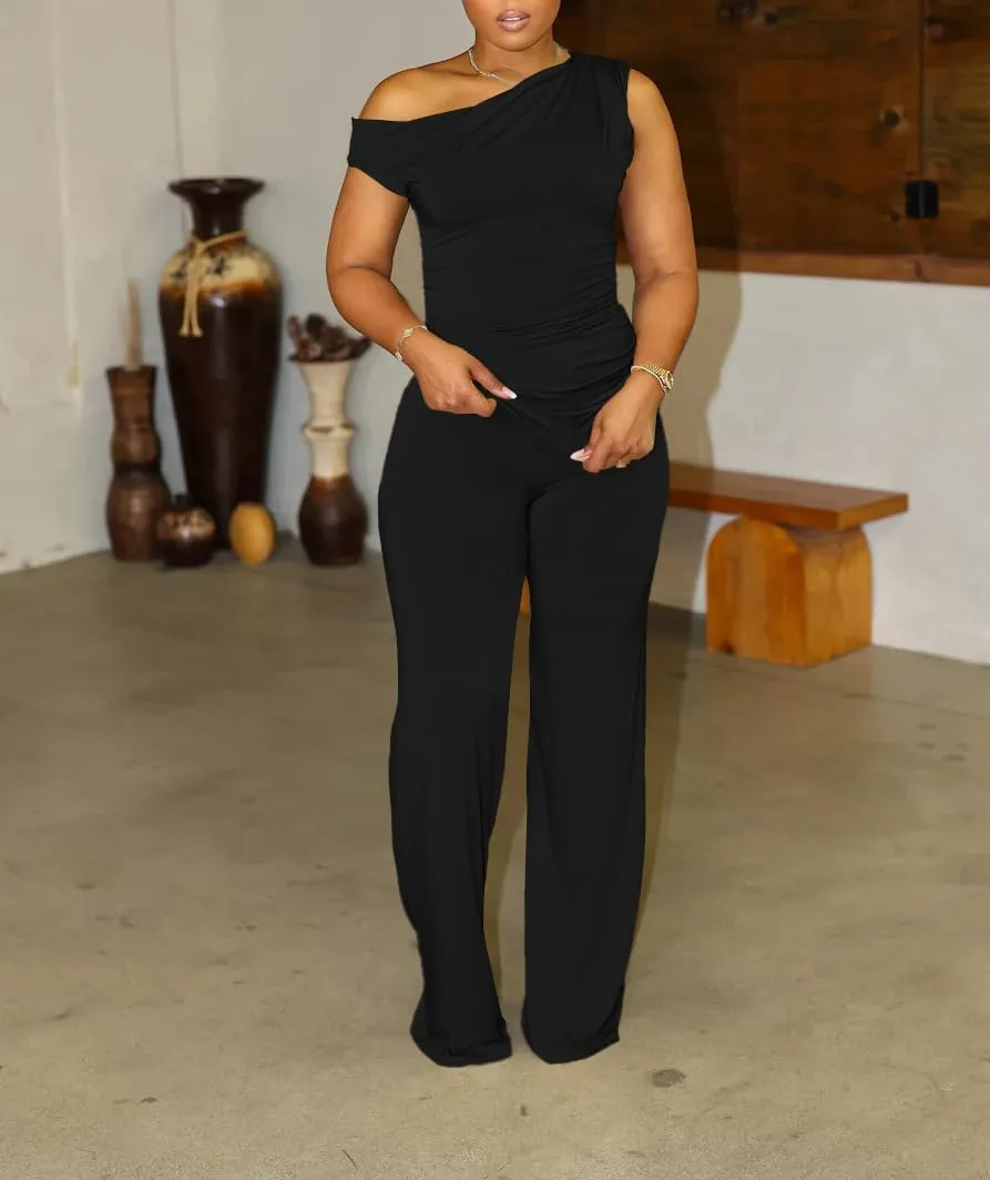HBQ Women's Summer 2 Piece Outfits Casual Tracksuit One Shoulder Asymmetrical Short Sleeve Wide Leg Long Pant Lounge Sets