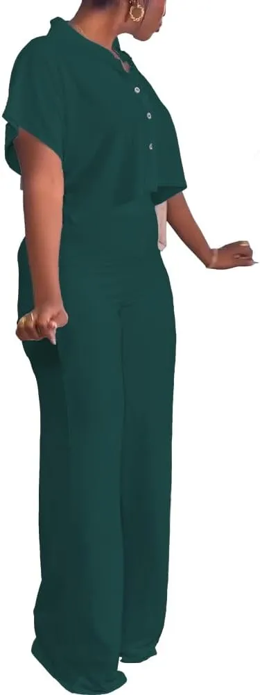 HBQ Women's Summer 2 Piece Outfits Casual Tracksuit Short Sleeve Button Down Crop Top Wide Leg Long Pant Lounge Sets