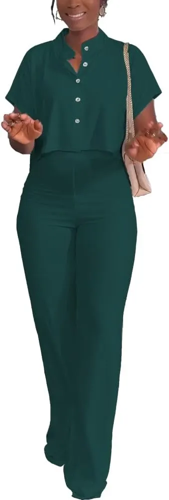 HBQ Women's Summer 2 Piece Outfits Casual Tracksuit Short Sleeve Button Down Crop Top Wide Leg Long Pant Lounge Sets
