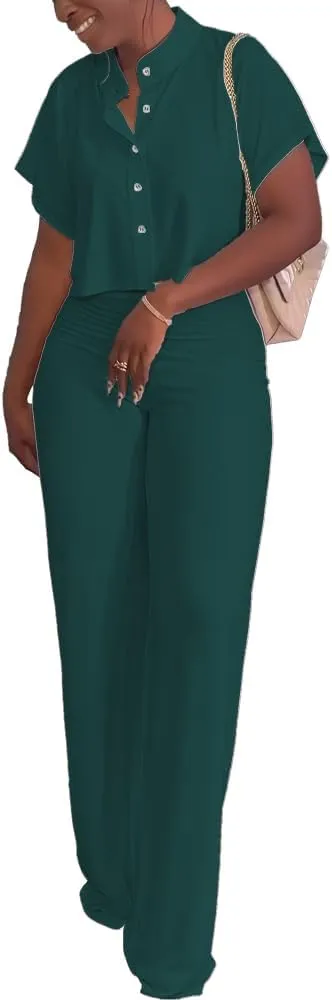 HBQ Women's Summer 2 Piece Outfits Casual Tracksuit Short Sleeve Button Down Crop Top Wide Leg Long Pant Lounge Sets