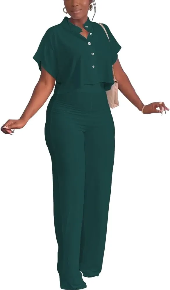 HBQ Women's Summer 2 Piece Outfits Casual Tracksuit Short Sleeve Button Down Crop Top Wide Leg Long Pant Lounge Sets