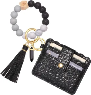 HEIDKRUEGER Wristlet Keychain Wallet Nature Stone Silicone Bead Key Ring Bracelet Bangle Purse Card Key Holder for Women