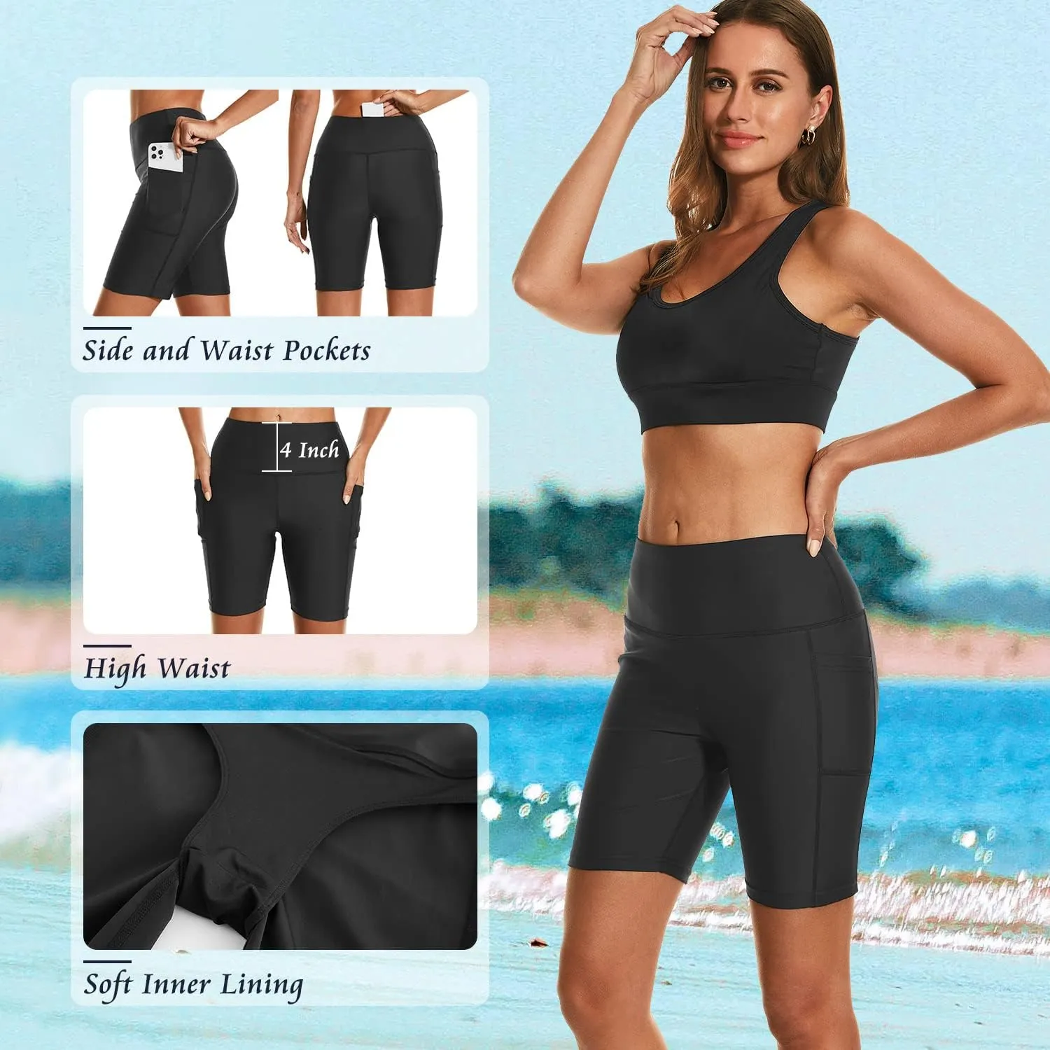 HODOSPORTS Women's 3''/5''/7''/9'' Swim Shorts UPF 50  High Waisted Board Shorts with Pockets Liner Quick Dry Swimsuit Bottom
