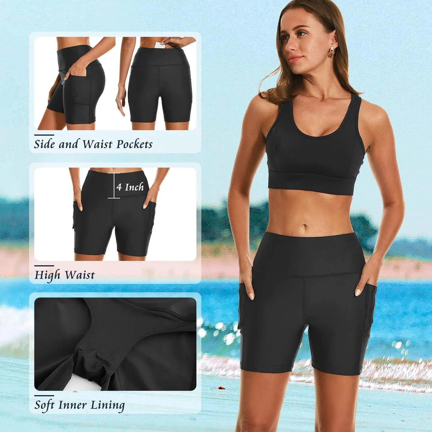 HODOSPORTS Women's 3''/5''/7''/9'' Swim Shorts UPF 50  High Waisted Board Shorts with Pockets Liner Quick Dry Swimsuit Bottom