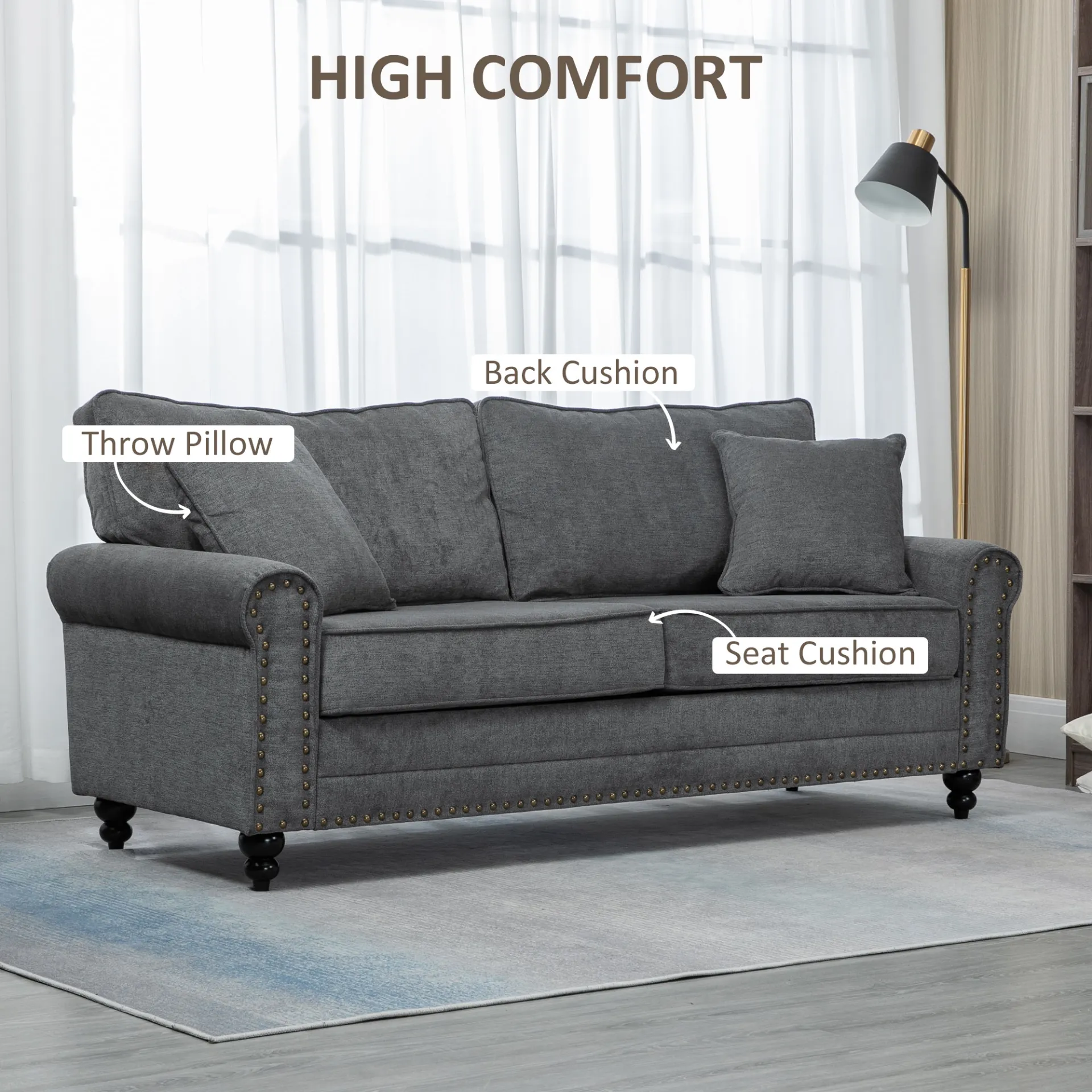 HOMCOM Grey 2 Seater Sofa for Living Room – Fabric Loveseat with Cushions, Throw Pillows & Nailhead Trim