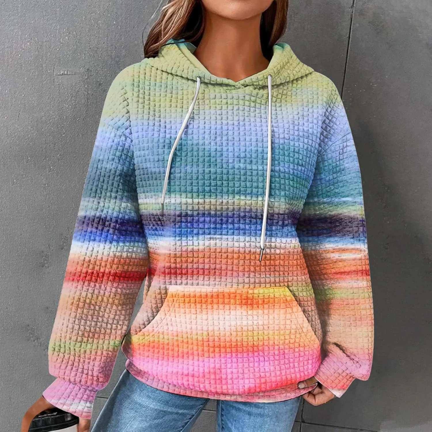 Hoodies for Women Waffle Knit Tops for Women Oversized Waffle Knit Shirt Hoodies for Women with Pocket Fall Sweatshirt 2024