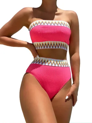 HYTENSUN Women's Bandeau High Waisted Bikini Patchwork Strapless Ribbed Swimsuits Two Piece Bathing Suits